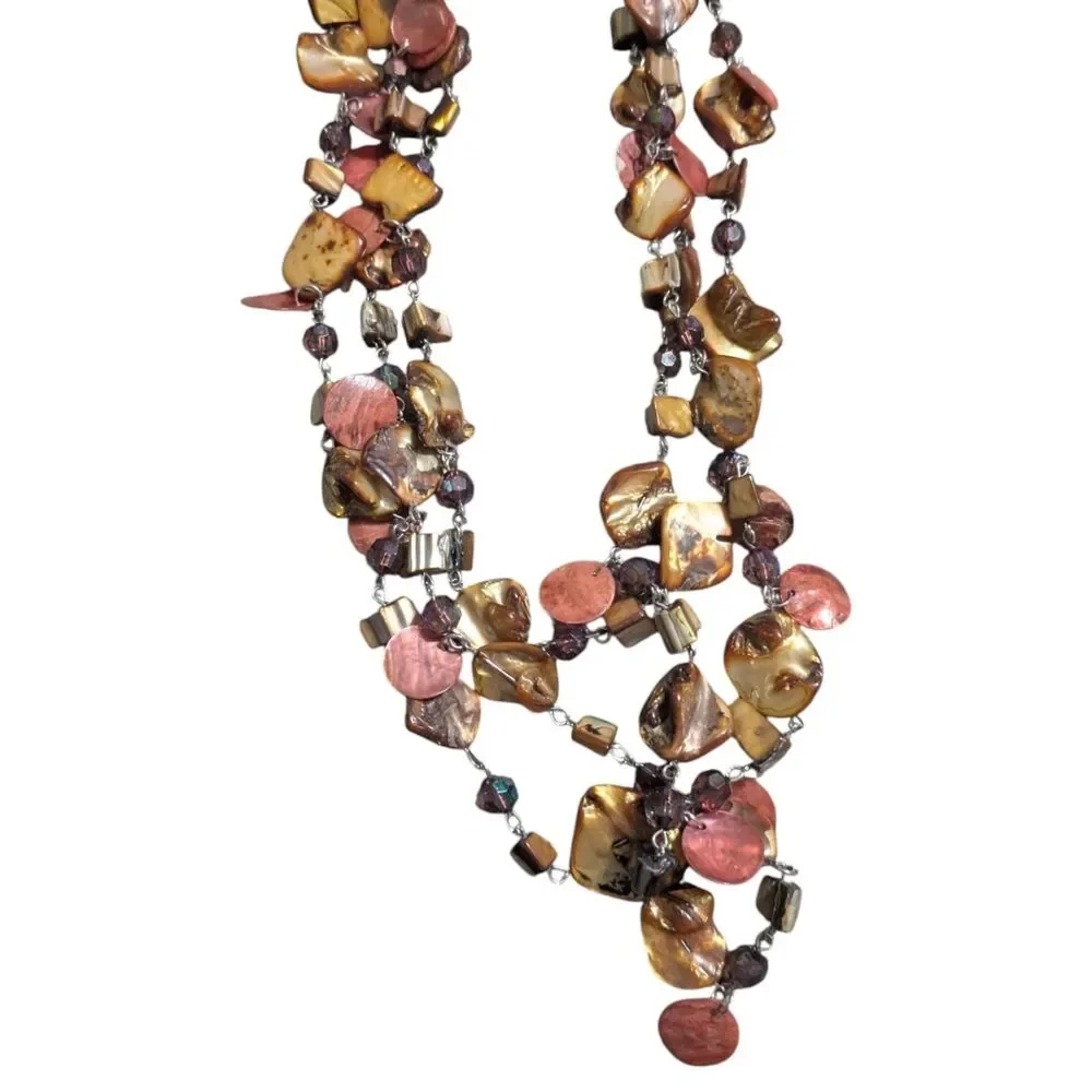 Boho Multi Strand Shell Bead Statement Necklace, Earth Tone Chunky Jewelry